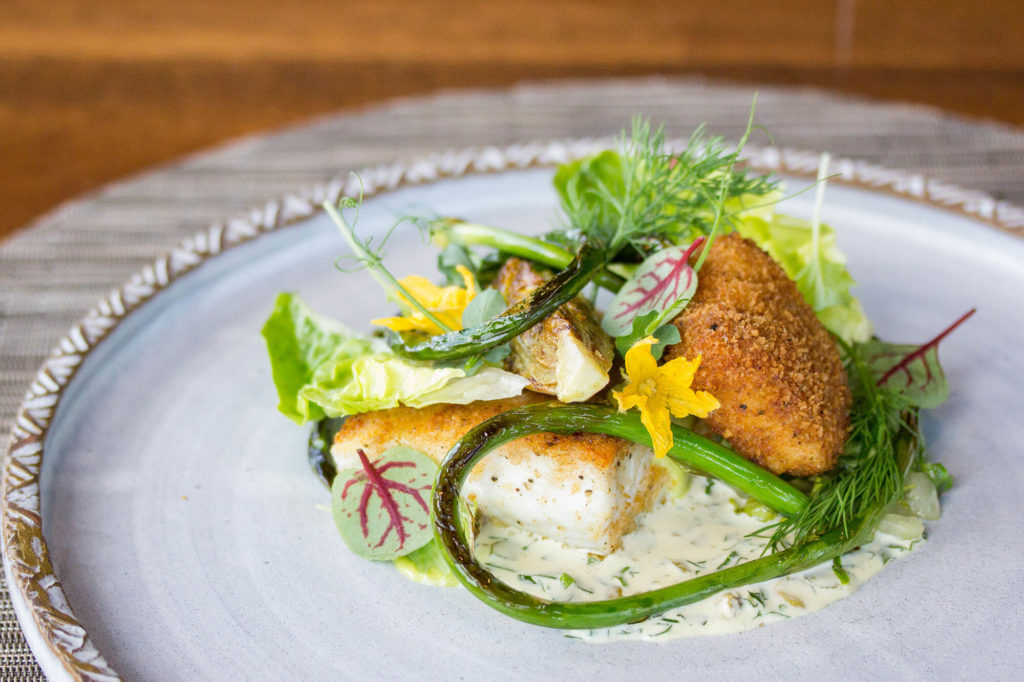 shake + bake, spice-crusted halibut, crispy cheek, buttered lettuce + warm tartar sauce.